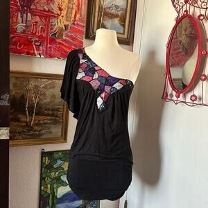 no brand cold shoulder black one sleeve dress sequin